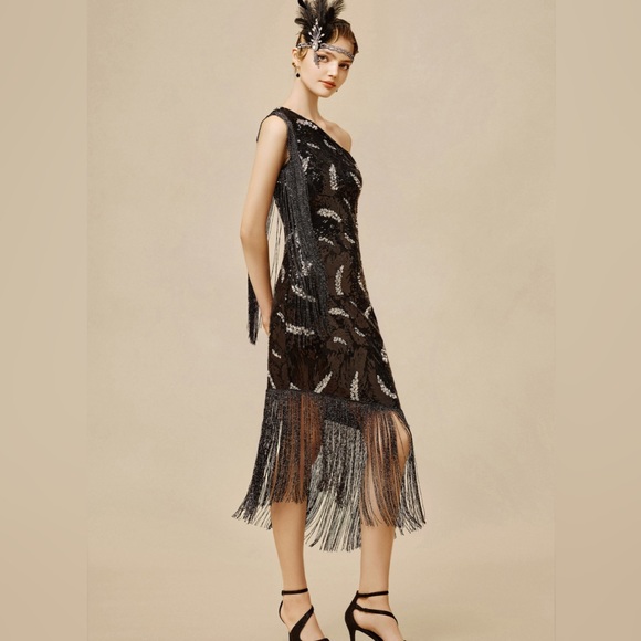 La Revue Nègre Feather Sequins Evening Gown, Flapper 1920’s inspired - Picture 3 of 12